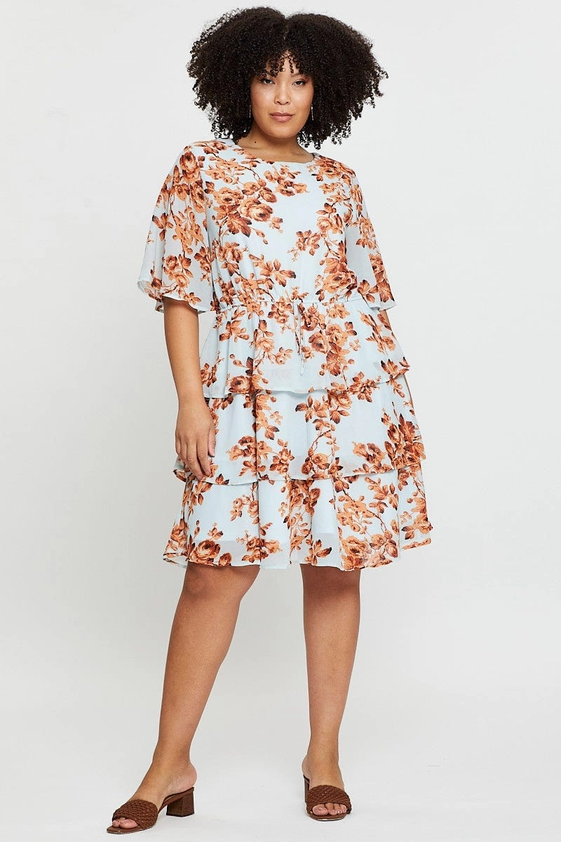 Floral Print Skater Dress Round Neck Long Sleeve Comfortable and Flattering Dinner Outfit
