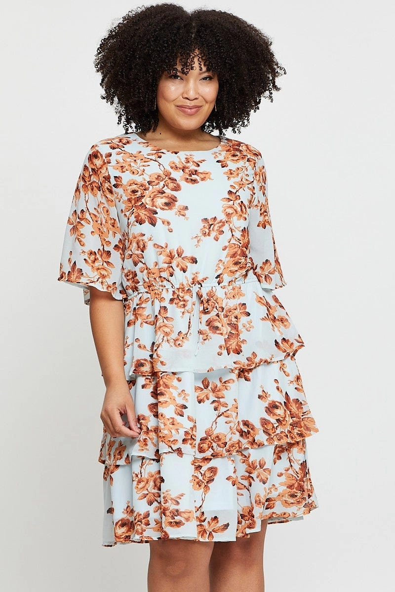 Comfy and Cozy Floral Print Skater Dress Round Neck Long Sleeve
