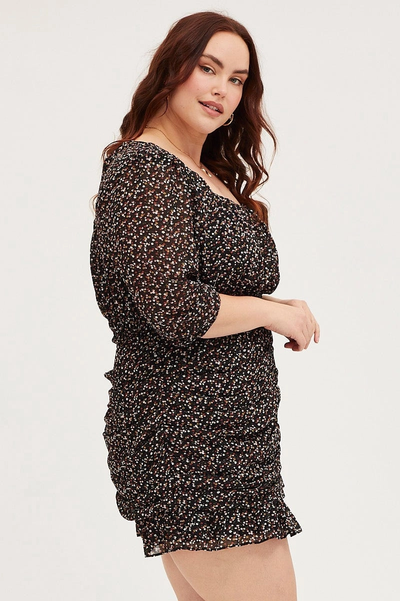 Floral Print Skater Dress Square Neck Long Sleeve Elegant Appearance Balanced Light