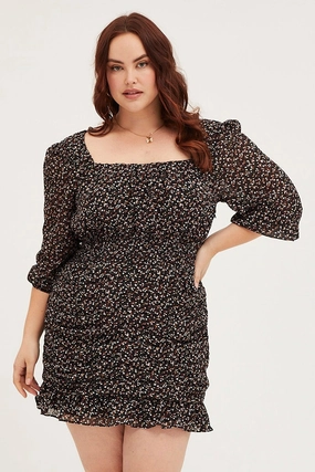 Floral Print Skater Dress Square Neck Long Sleeve Effortless Fit Design