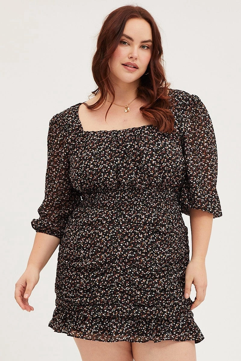 Floral Print Skater Dress Square Neck Long Sleeve Comfy Shape