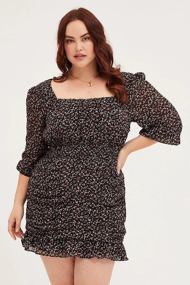 Floral Print Skater Dress Square Neck Long Sleeve Effortless Fit Design