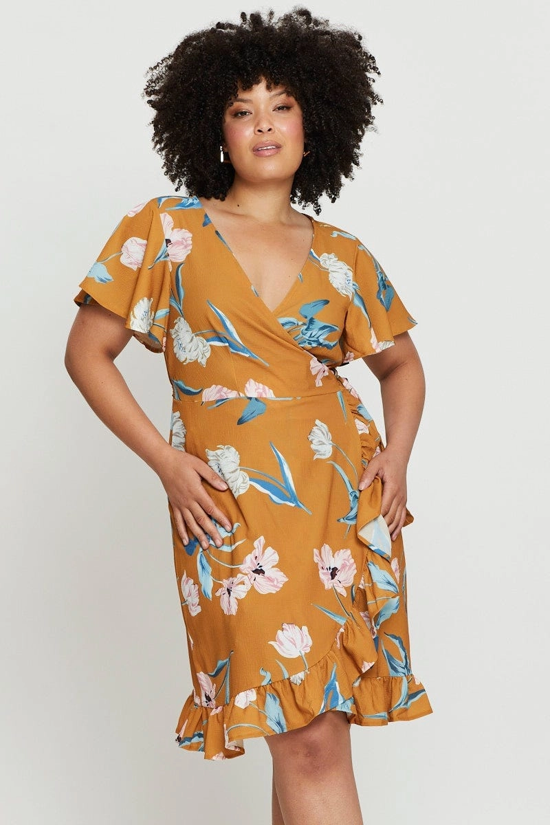 Floral Print Skater Dress V-neck Short Sleeve Ruffle Fold-Over-Detail Chilly Weather Comfort