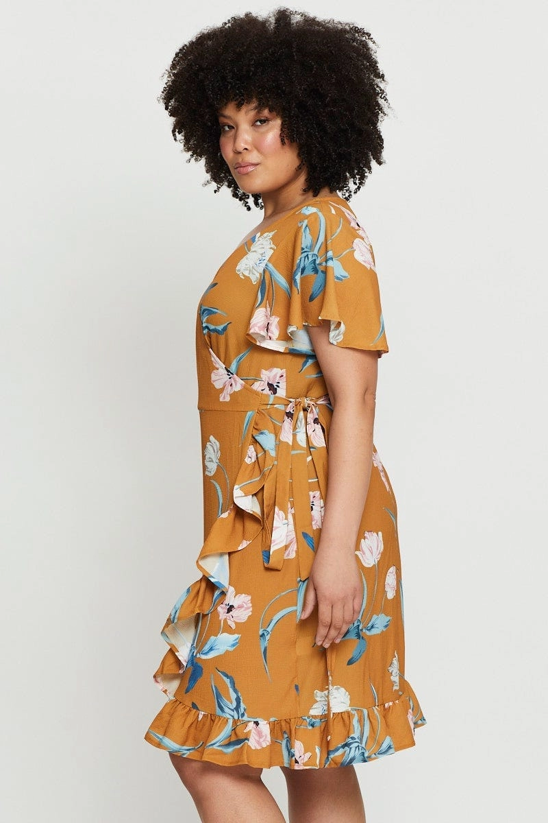 Floral Print Skater Dress V-neck Short Sleeve Ruffle Fashion Essential