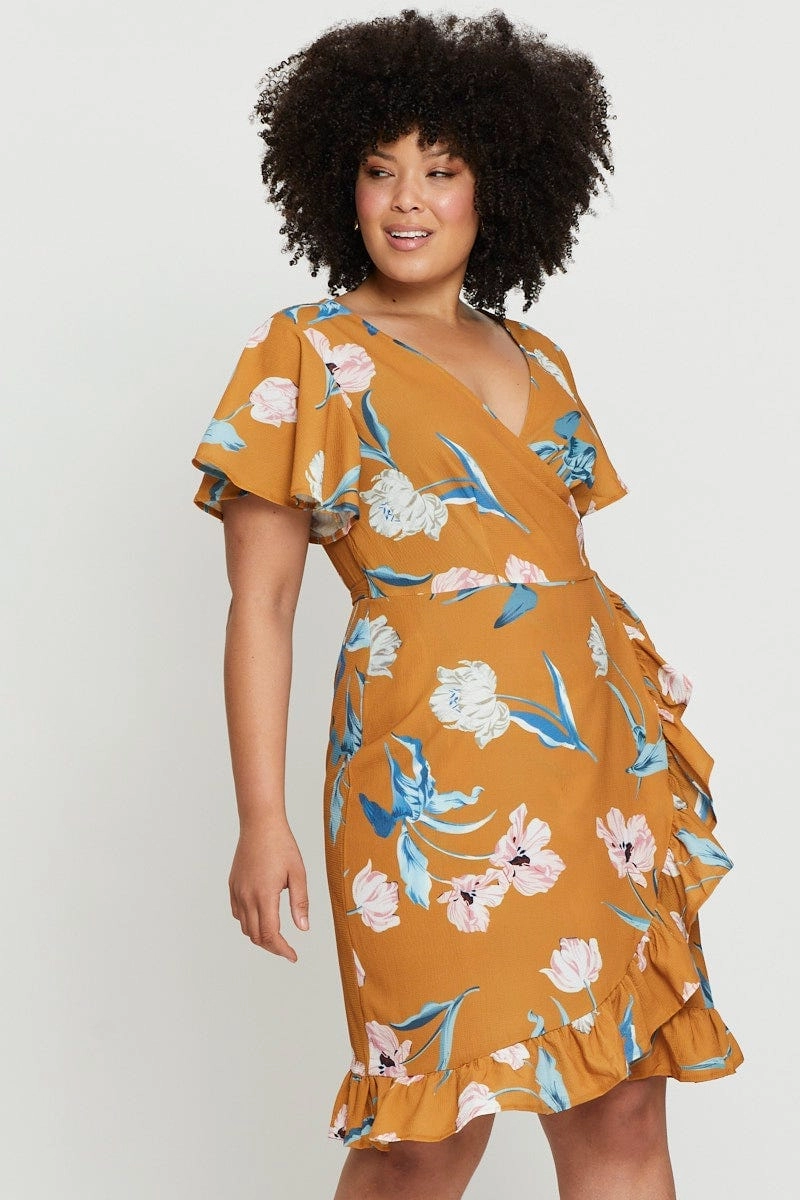 Floral Print Skater Dress V-neck Short Sleeve Ruffle Daily Form Chic Rhythm