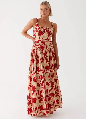 Zinna Linen Maxi Dress - Red Satin Glow