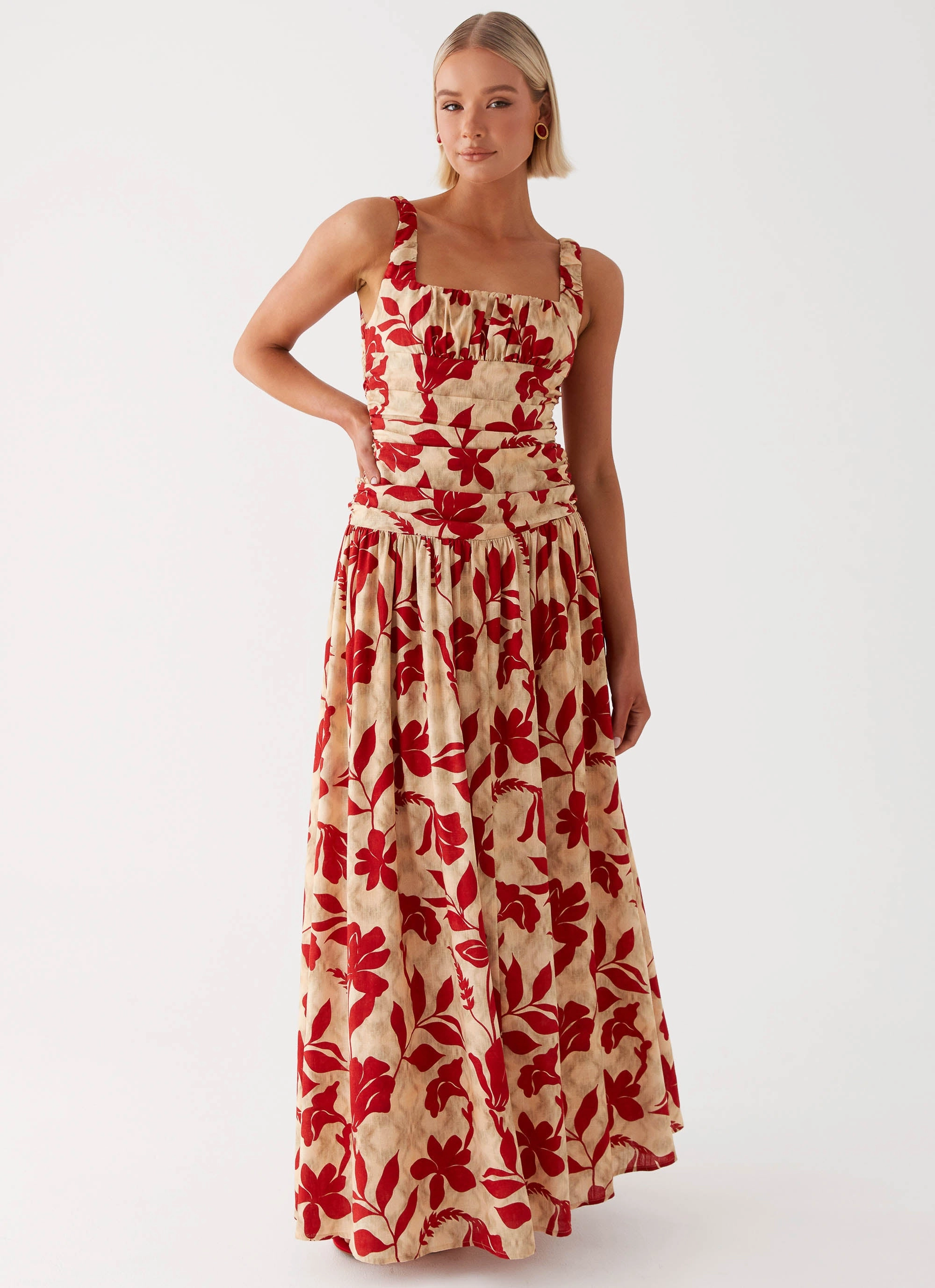 Zinna Linen Maxi Dress - Red Satin Glow