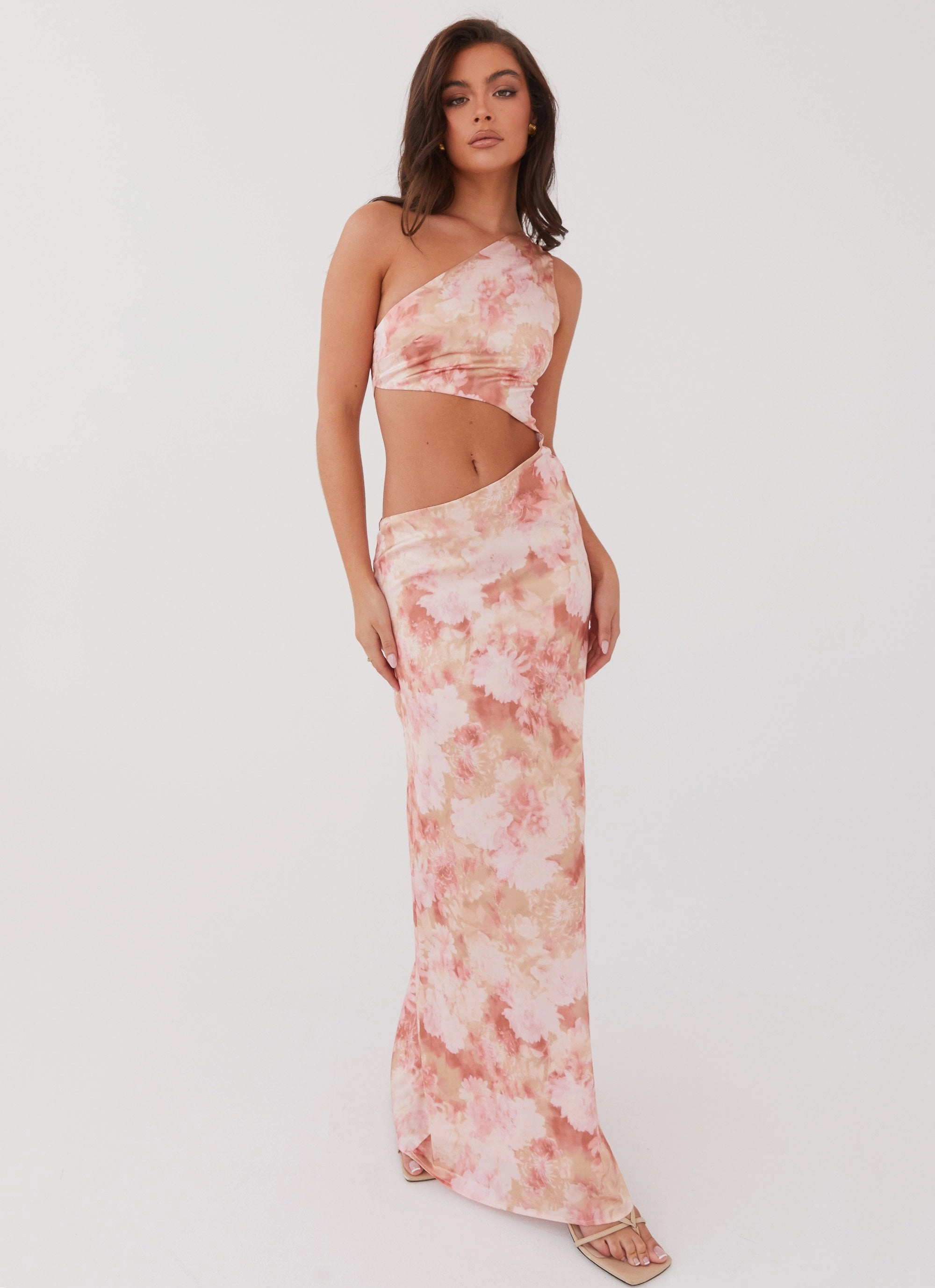 Krista One Shoulder Maxi Dress - Flower Garden Muted Tones Subtle Flow