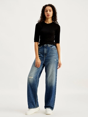 Women's Blue Loose Fit High Rise Jeans Premium Look