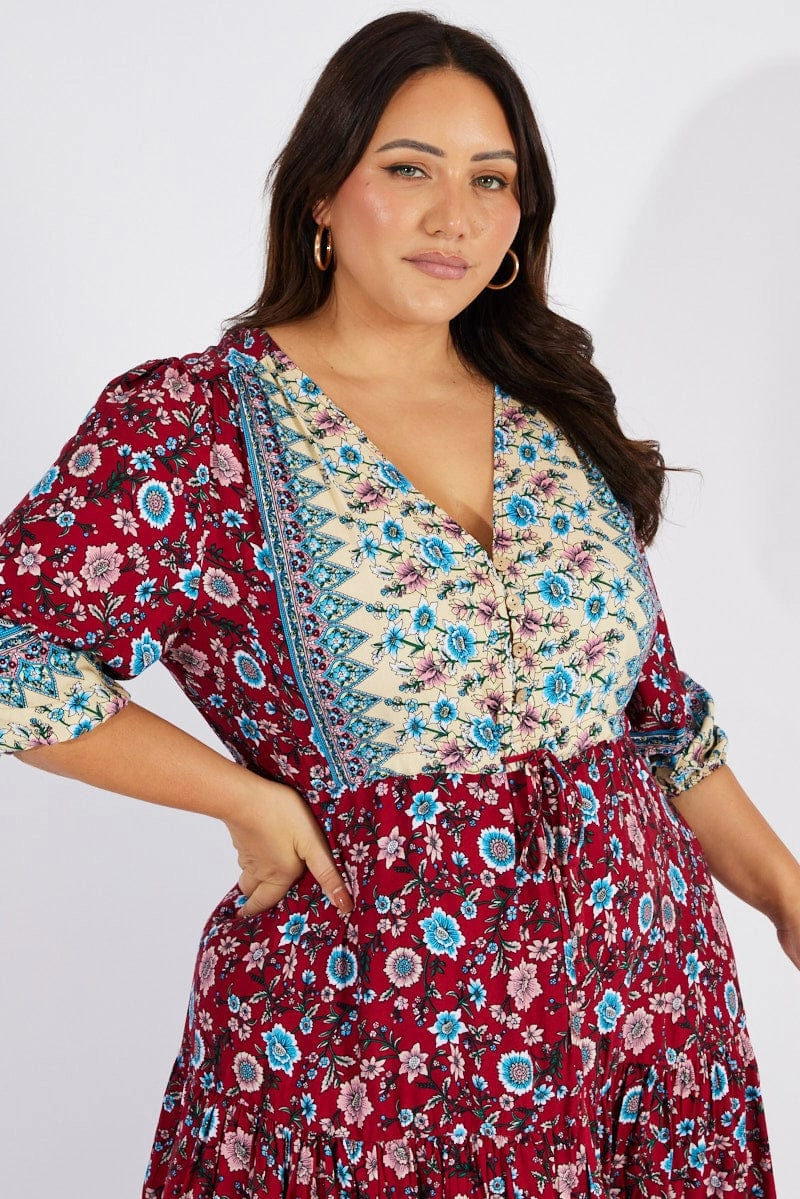 Multi Boho Maxidress Puff 3/4 Sleeve Drawstring Waist TearResistantFabric Lounge Feel