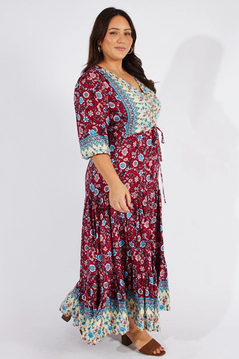 Multi Boho Maxidress Puff 3/4 Sleeve Drawstring Waist ComfortFitDesign