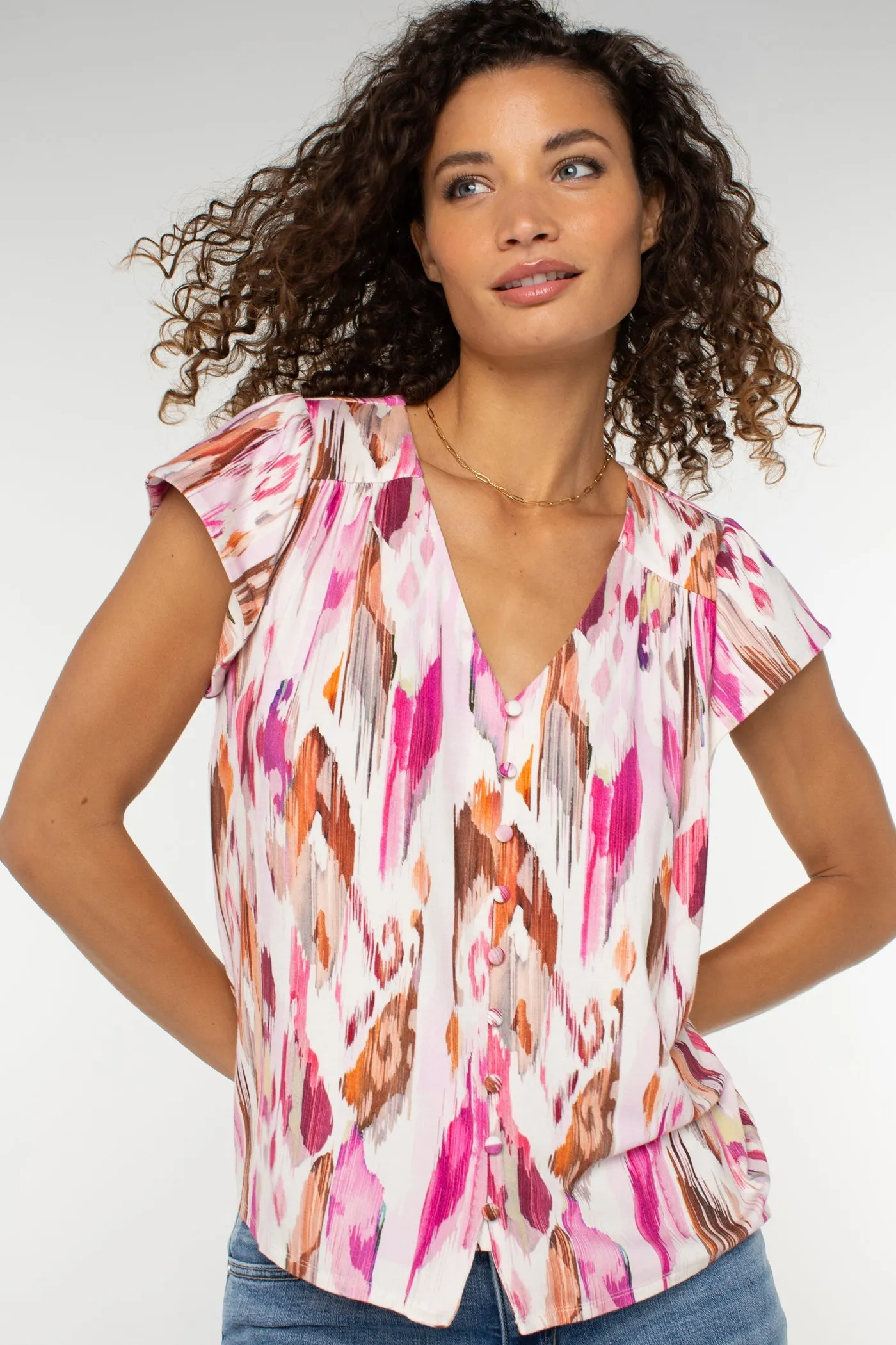 Durable Material Leisure Casual Flutter Sleeve Button Front Knit Top | Pink Print Breakthrough - cutting - edge