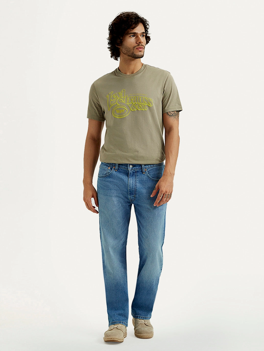 Men's 555 Light Indigo Loose Fit Mid Rise Jeans Curved Seam Construction Eco Friendly Dye