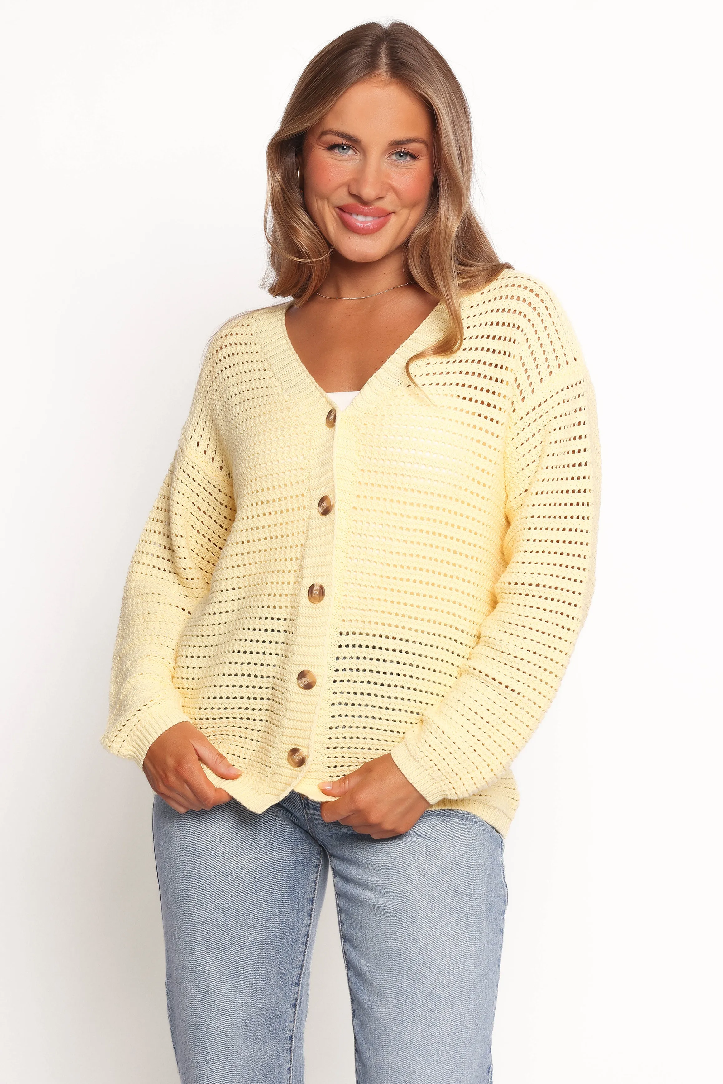 Carrie Button Front Cardigan - Yellow Calm Outfit
