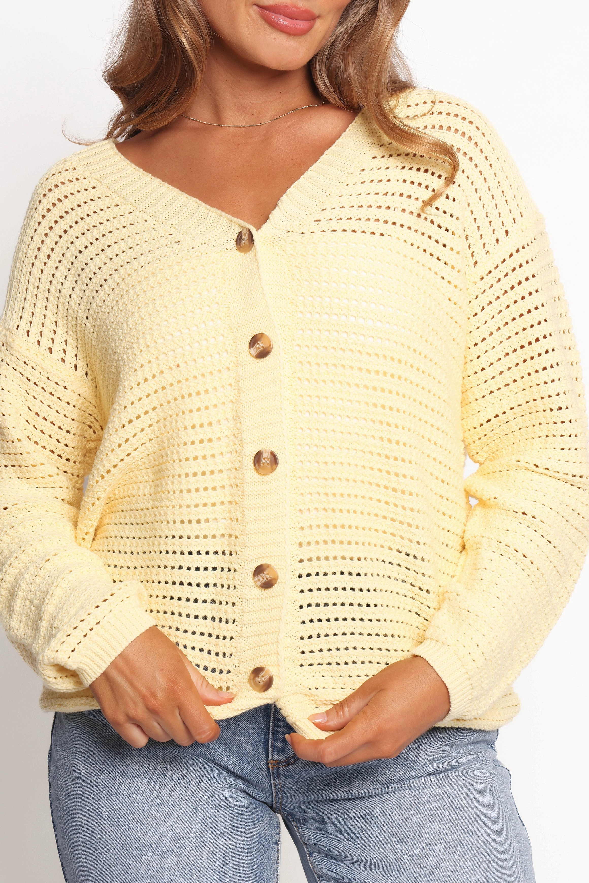 Carrie Button Front Cardigan - Yellow DenseKnit Fabric