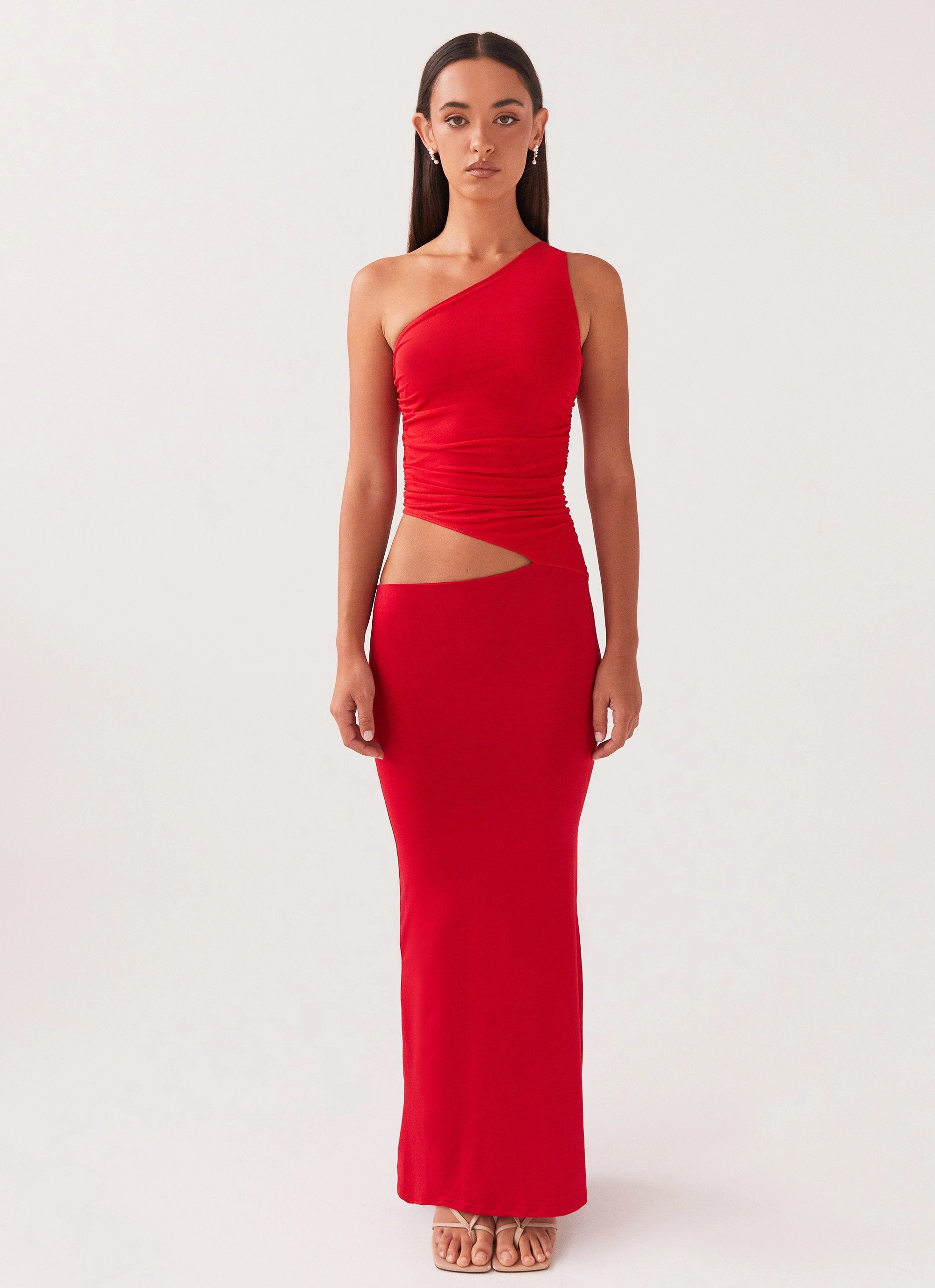 Seranella One Shoulder Maxi Dress - Cherry Red Baby-Shower Effortless Waist Design