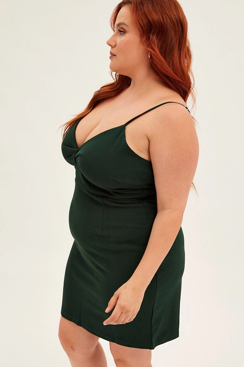 Green Midi Dress Shoestring Strap Fitted Stretch Crepe Event Mood