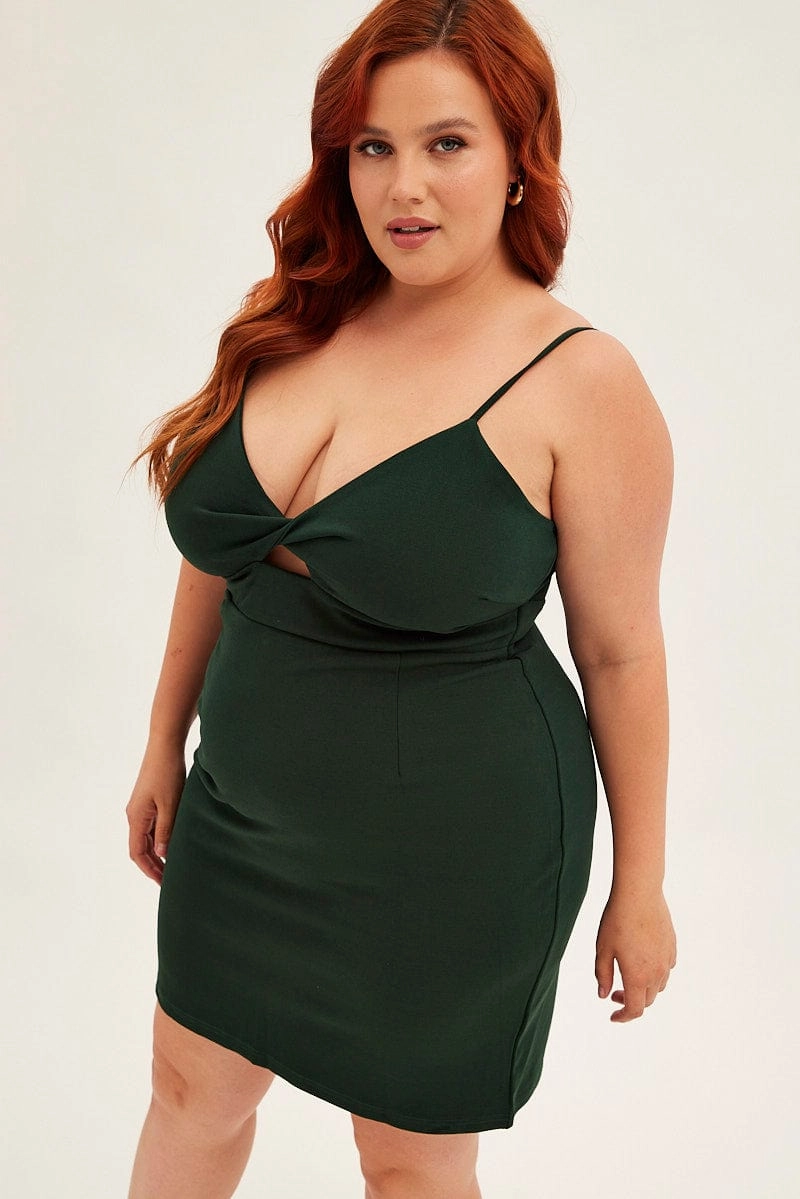 Draped-Style Chic Look Green Midi Dress Shoestring Strap Fitted Stretch Crepe