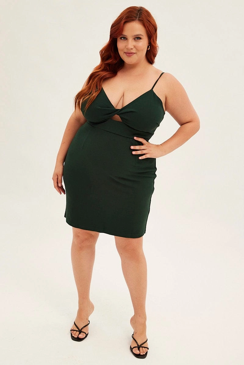 Relax Line Green Midi Dress Shoestring Strap Fitted Stretch Crepe