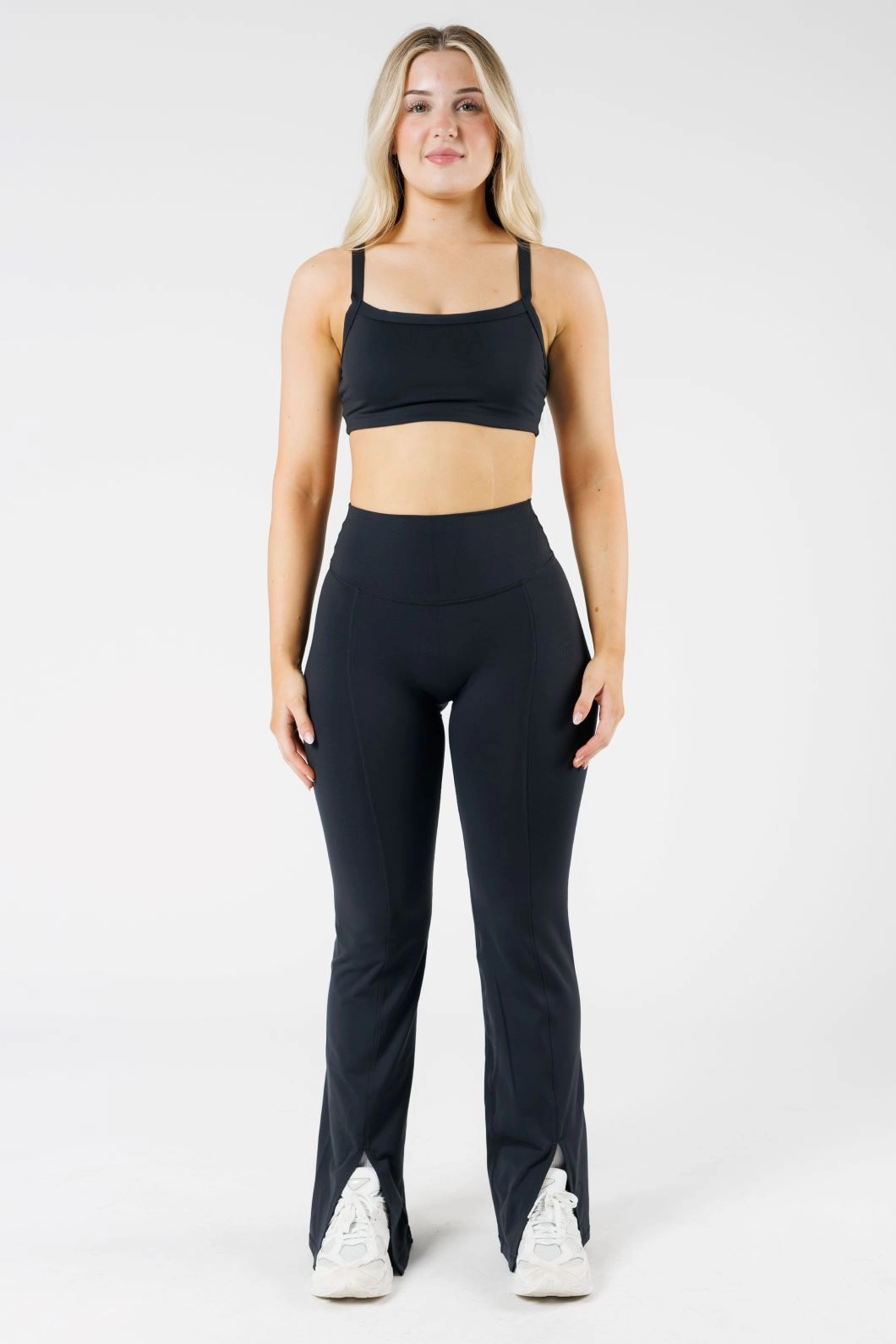 FormLux Front Slit Sculptseam? Plus Flare Legging 32" Black Rib Knit Unisex Style Soft touch finish