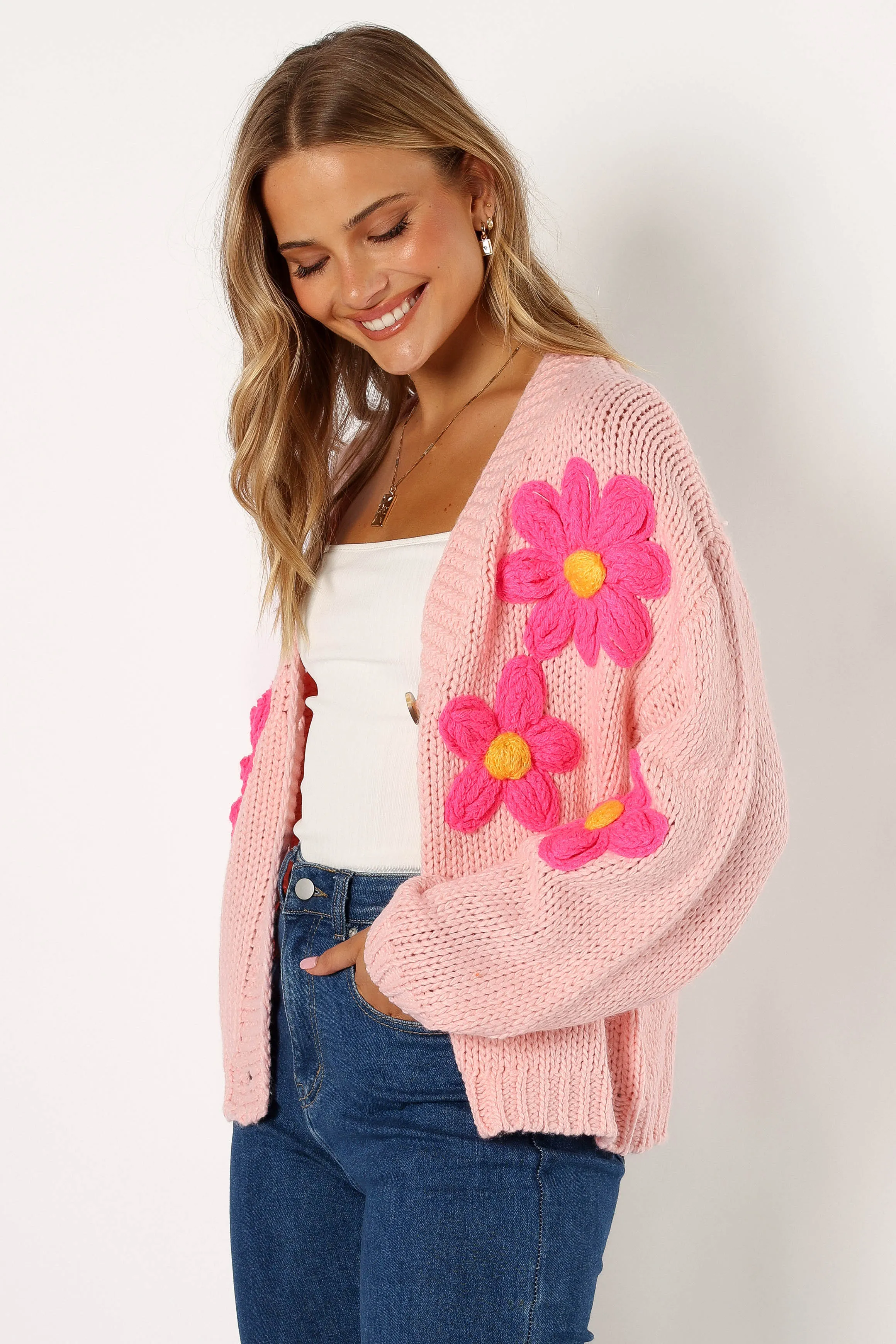 Clementine Flower Embroidered Open Front Cardigan - Pink Brushed Inner Layer Everyday Pair