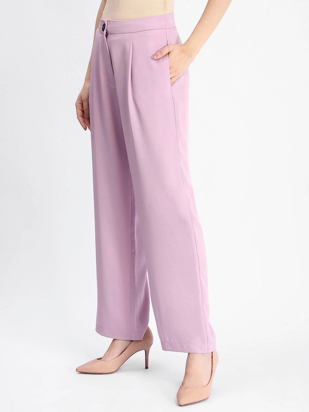 Day Hike Madame Solid Straight Buttoned Mauve Trousers