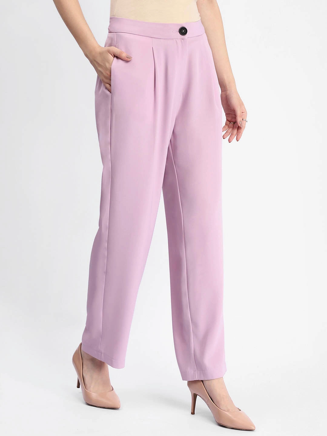 Madame Solid Straight Buttoned Mauve Trousers Adaptive Fit