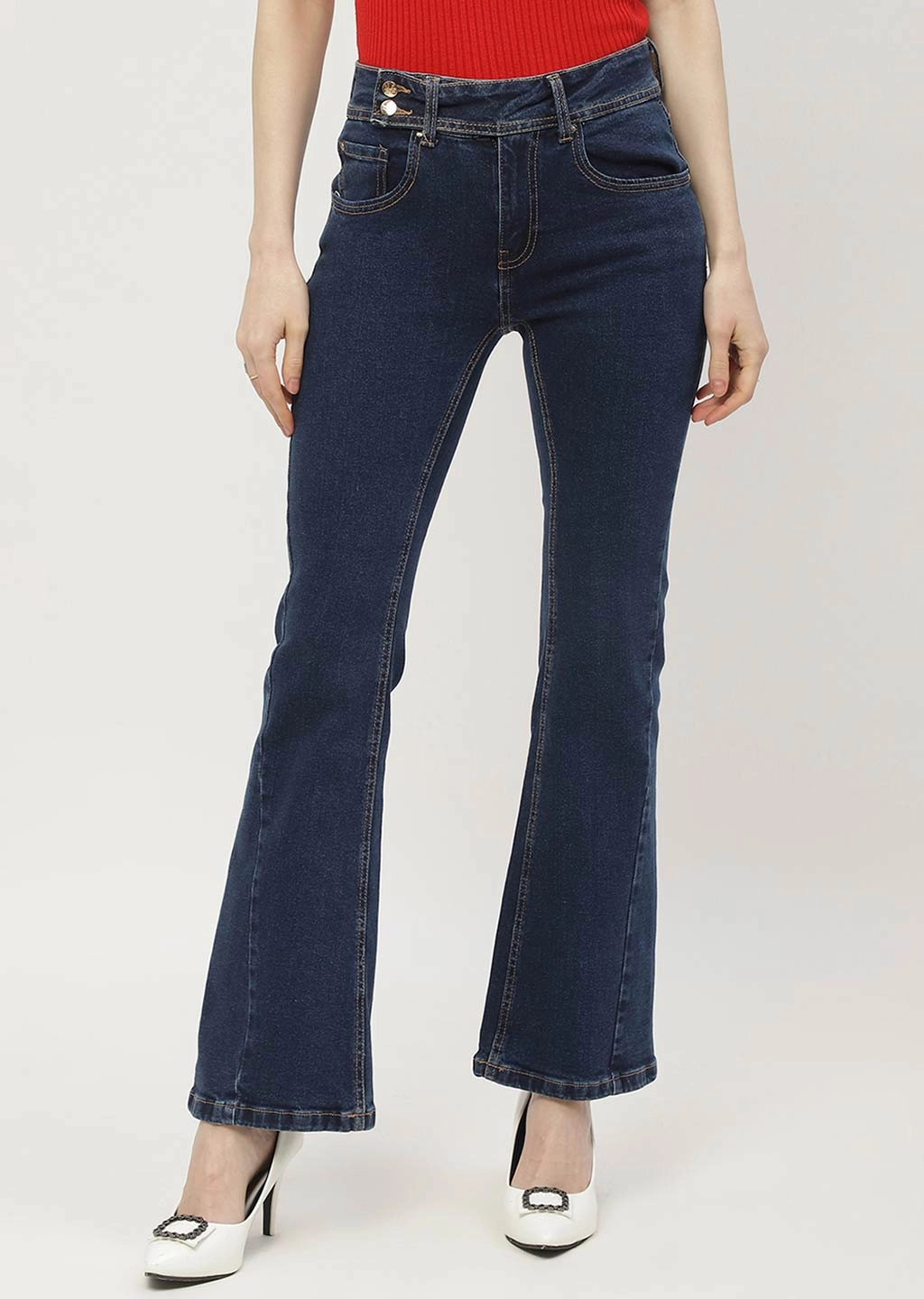 Street Inspired Softened Denim Material Madame Cut Seam Carbon Blue Flared Jeans