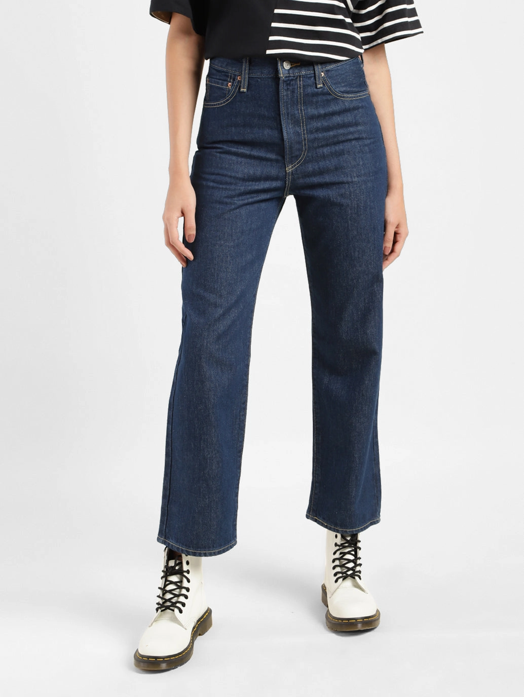 Outdoor Adventure Adult Fashion Women's Navy Blue Ribcage Straight Ankle Fit Mid Rise Jeans