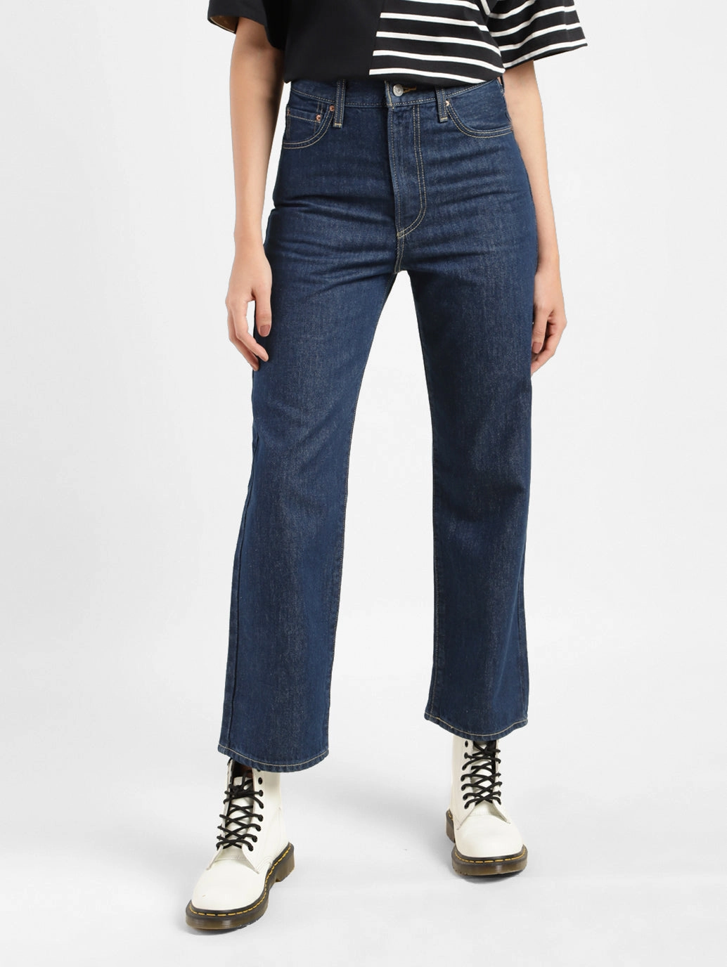 Women's Navy Blue Ribcage Straight Ankle Fit Mid Rise Jeans Stretch Enhanced Mobility Go Anywhere Look