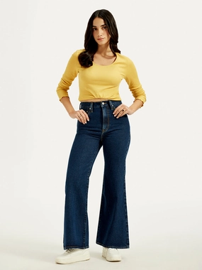 Comfy Touch Trendy Sunny Vibes Women's Navy Blue Ribcage Bell Bottom Wide Leg Fit High Rise Jeans