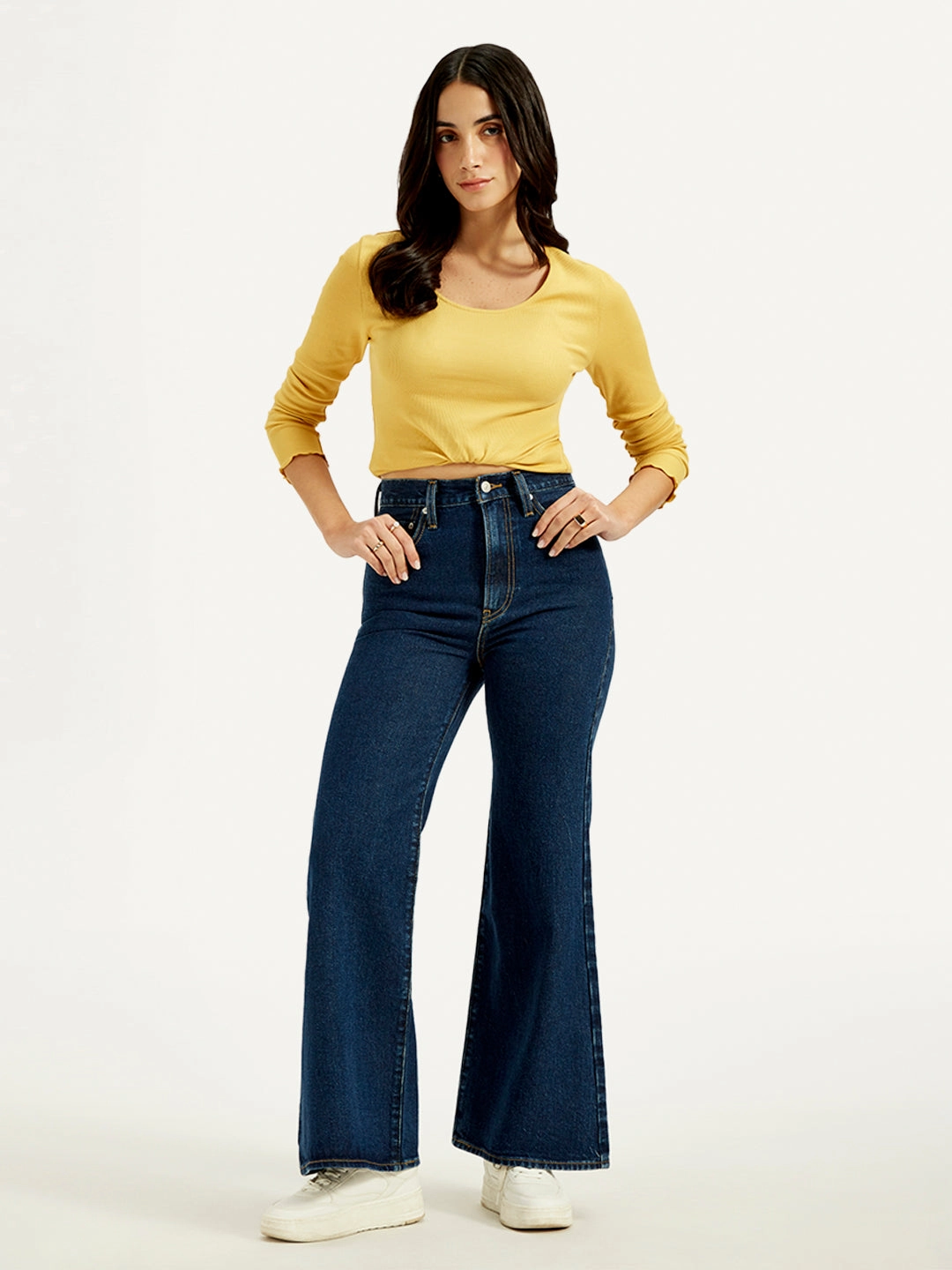 Comfy Touch Trendy Sunny Vibes Women's Navy Blue Ribcage Bell Bottom Wide Leg Fit High Rise Jeans