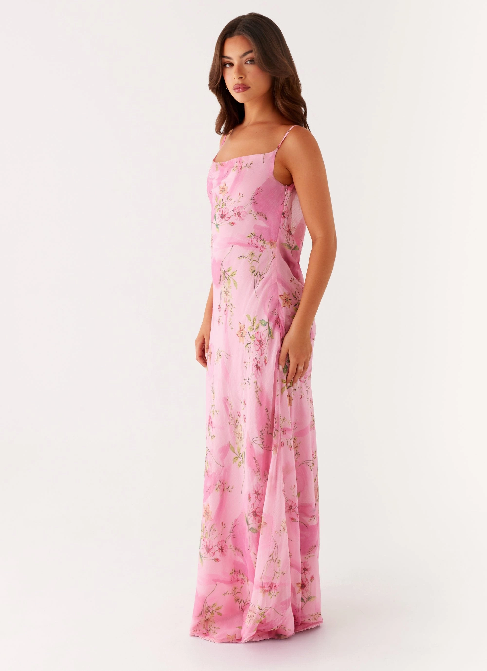 Orlando Maxi Dress - Pink Floral Print Silky-Lining Warm Undertone