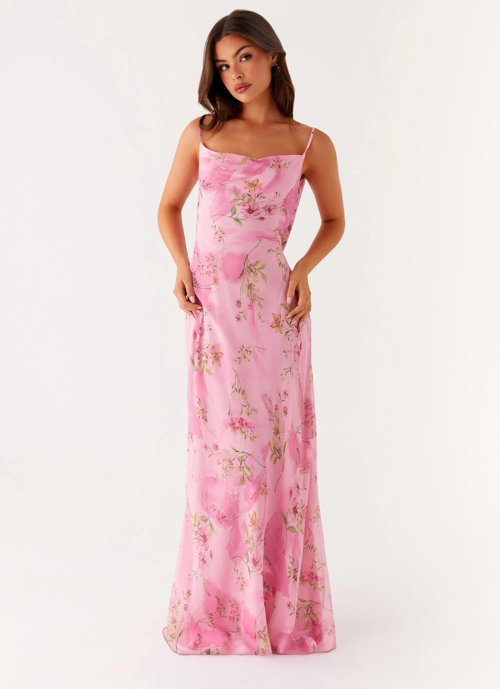 Orlando Maxi Dress - Pink Floral Print Contemporary Style Stylish Waistband Design