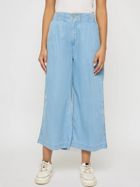 Universal Favorite Eco Friendly Dye Madame Pintuck Detailed Cotton Blend Light Blue Wide Leg Jeans