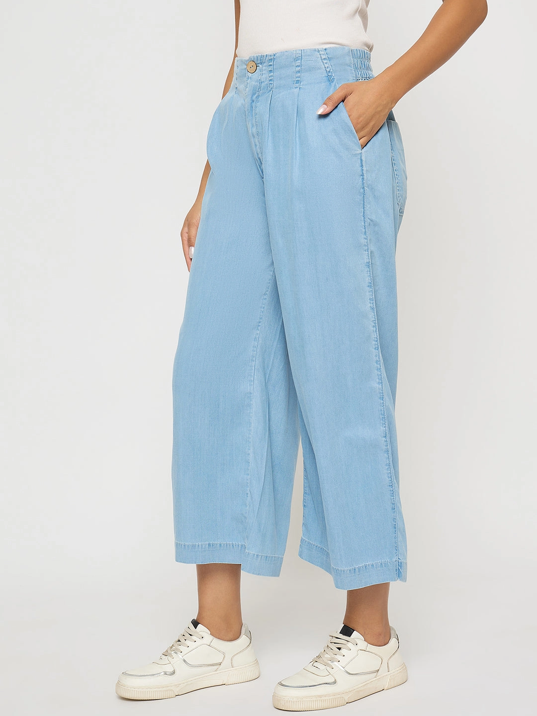 Madame Pintuck Detailed Cotton Blend Light Blue Wide Leg Jeans Night Out Traveler Gear Stylish Modern Casual