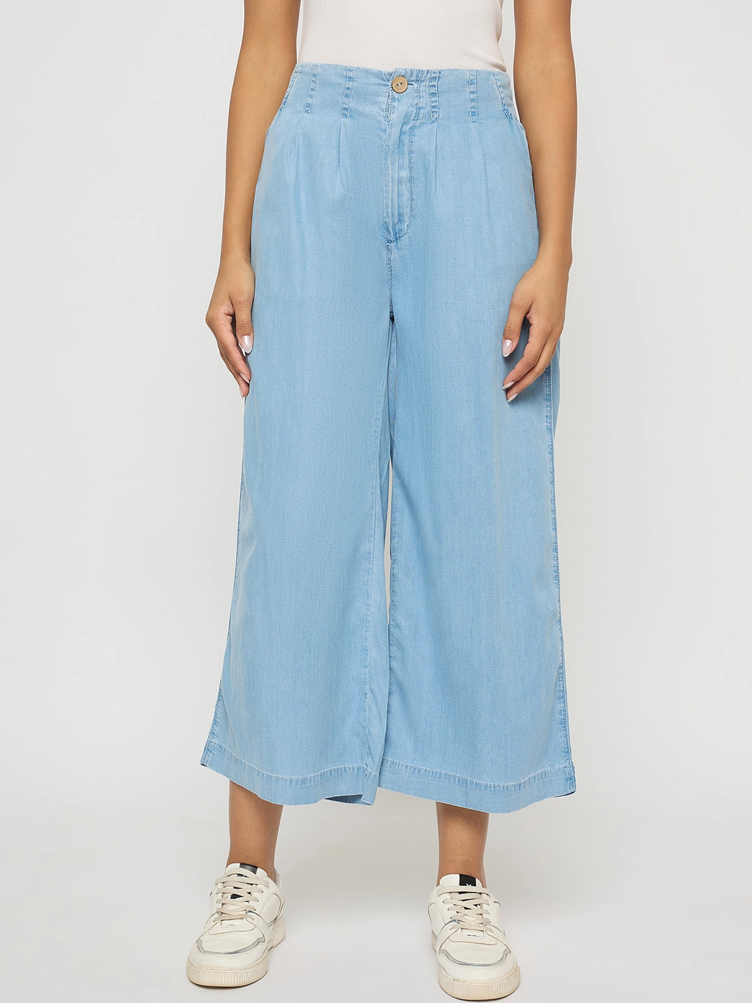 Universal Favorite Eco Friendly Dye Madame Pintuck Detailed Cotton Blend Light Blue Wide Leg Jeans