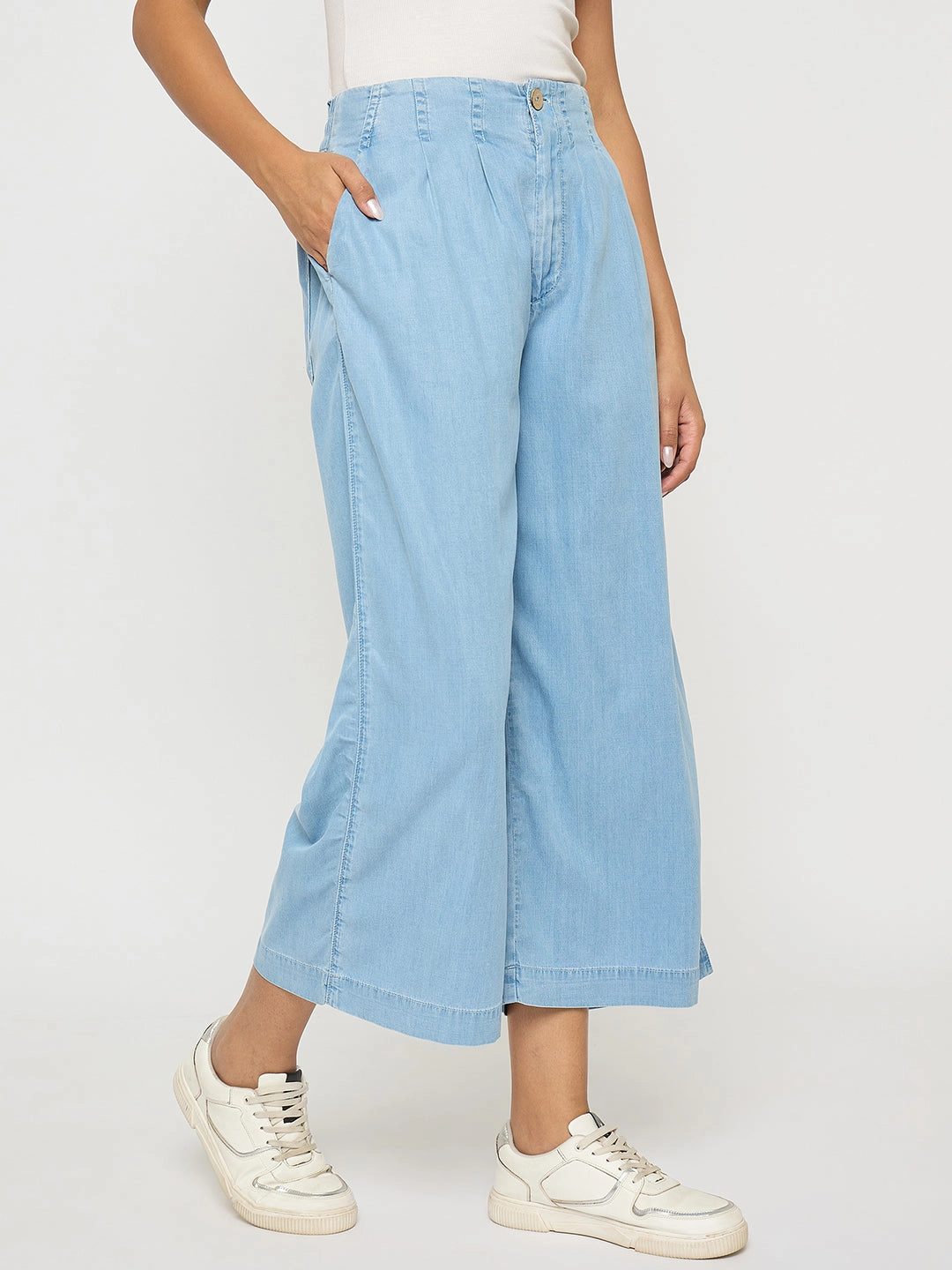 Madame Pintuck Detailed Cotton Blend Light Blue Wide Leg Jeans Customizable Hem Options