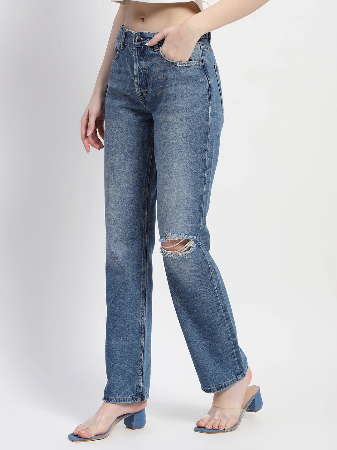 Madame Crushed Ripped Blue Straight Denim Regular Style