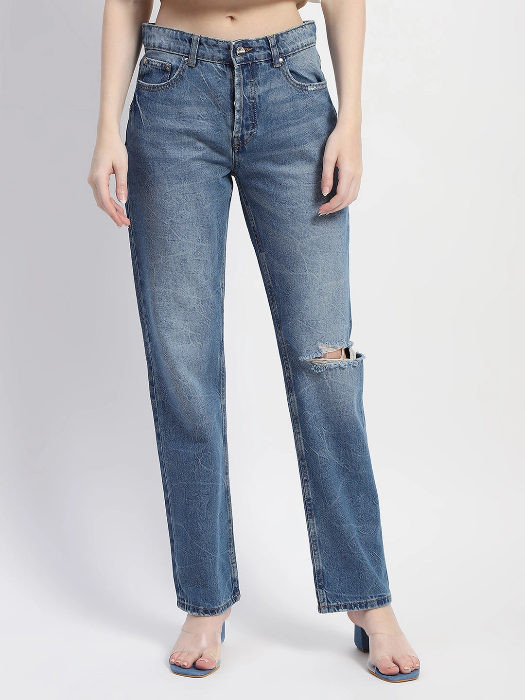 Eco Friendly Denim Urban Fit Madame Crushed Ripped Blue Straight Denim