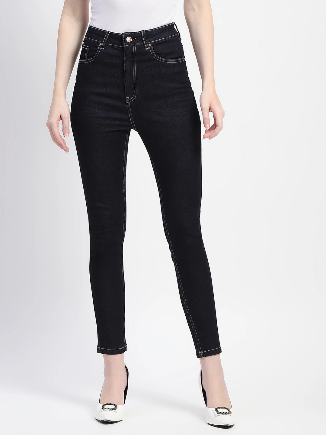 Madame Solid Dark Blue Skinny Fit Cotton Denim Fits Everyone