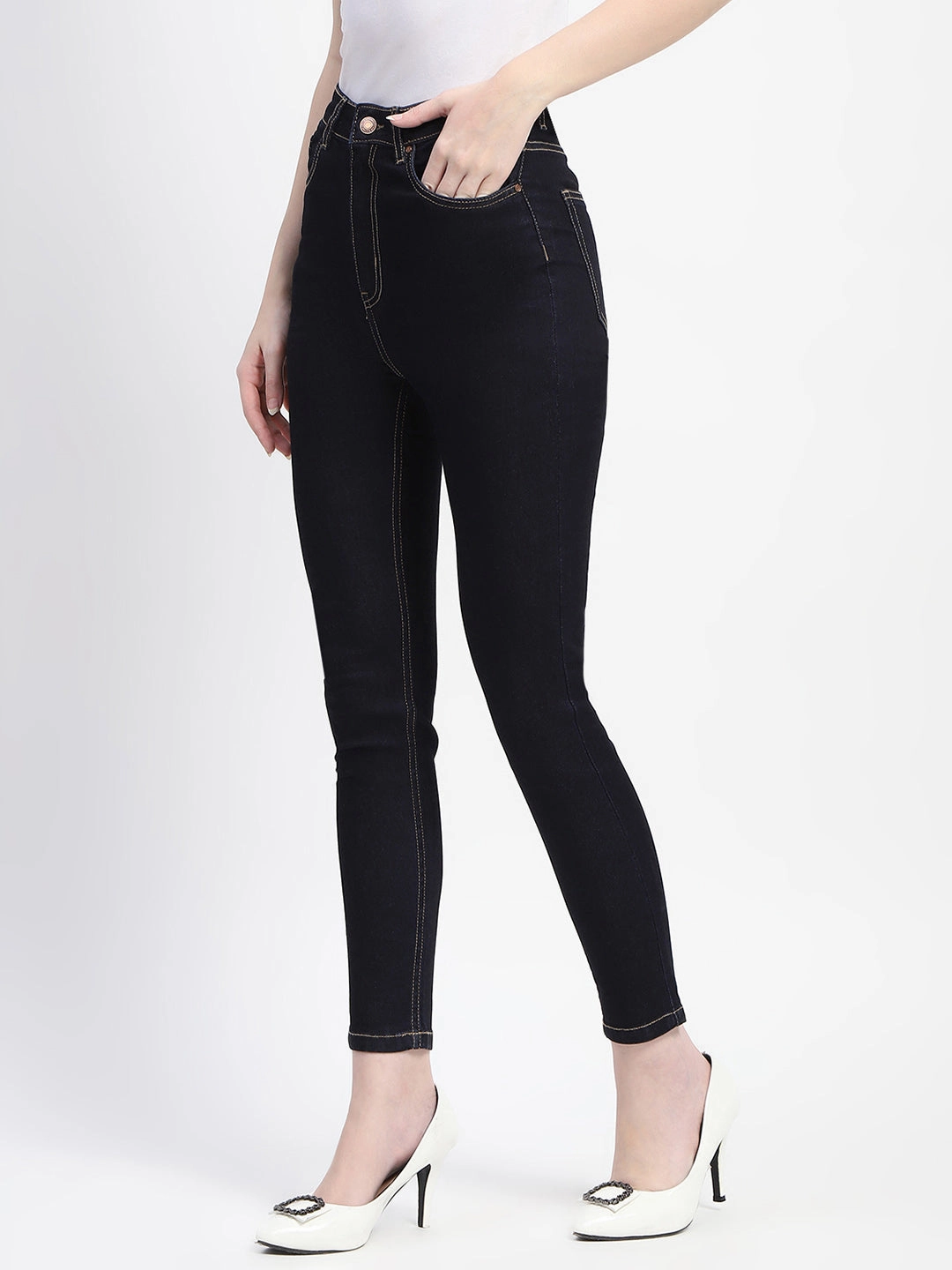Body Friendly Madame Solid Dark Blue Skinny Fit Cotton Denim