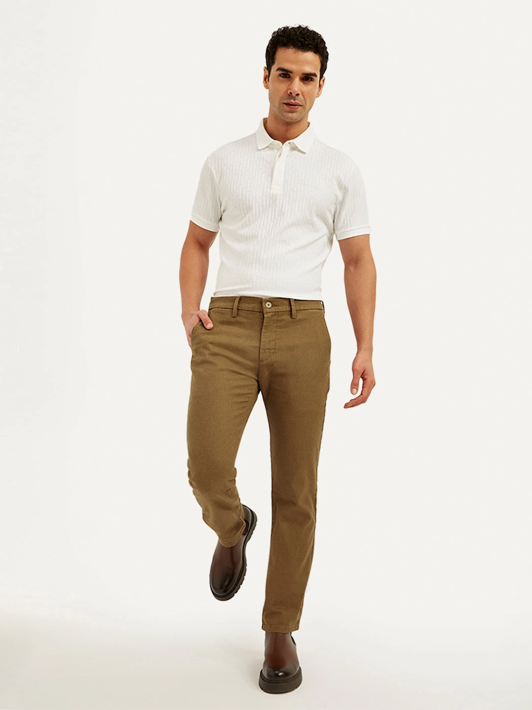 Cozy Lining Elastic waist Men's Redloop Brown Slim Fit Linen Chinos