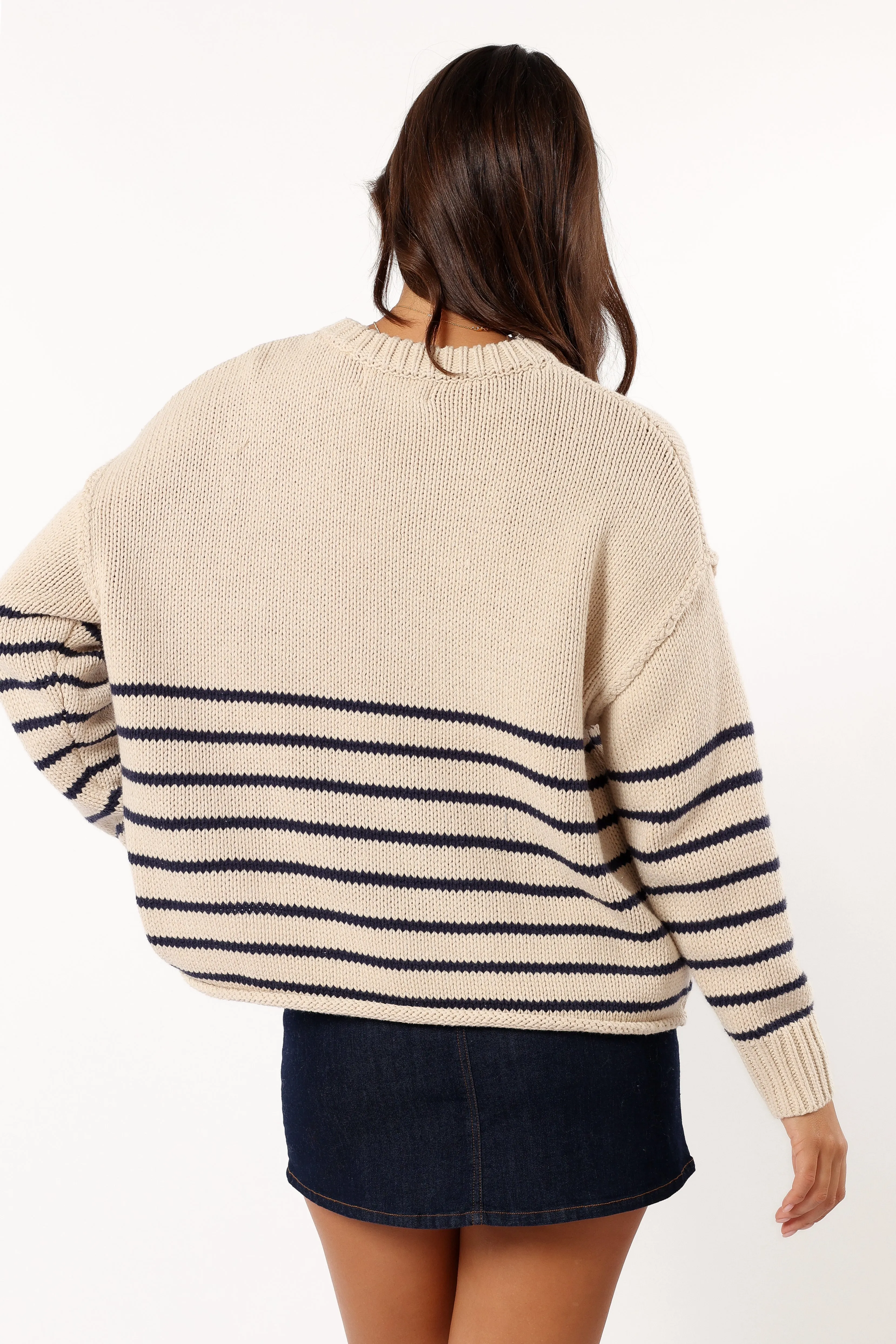 Comfortable Drape Office Casual Tenzie Stripe Knit Sweater - Natural Navy