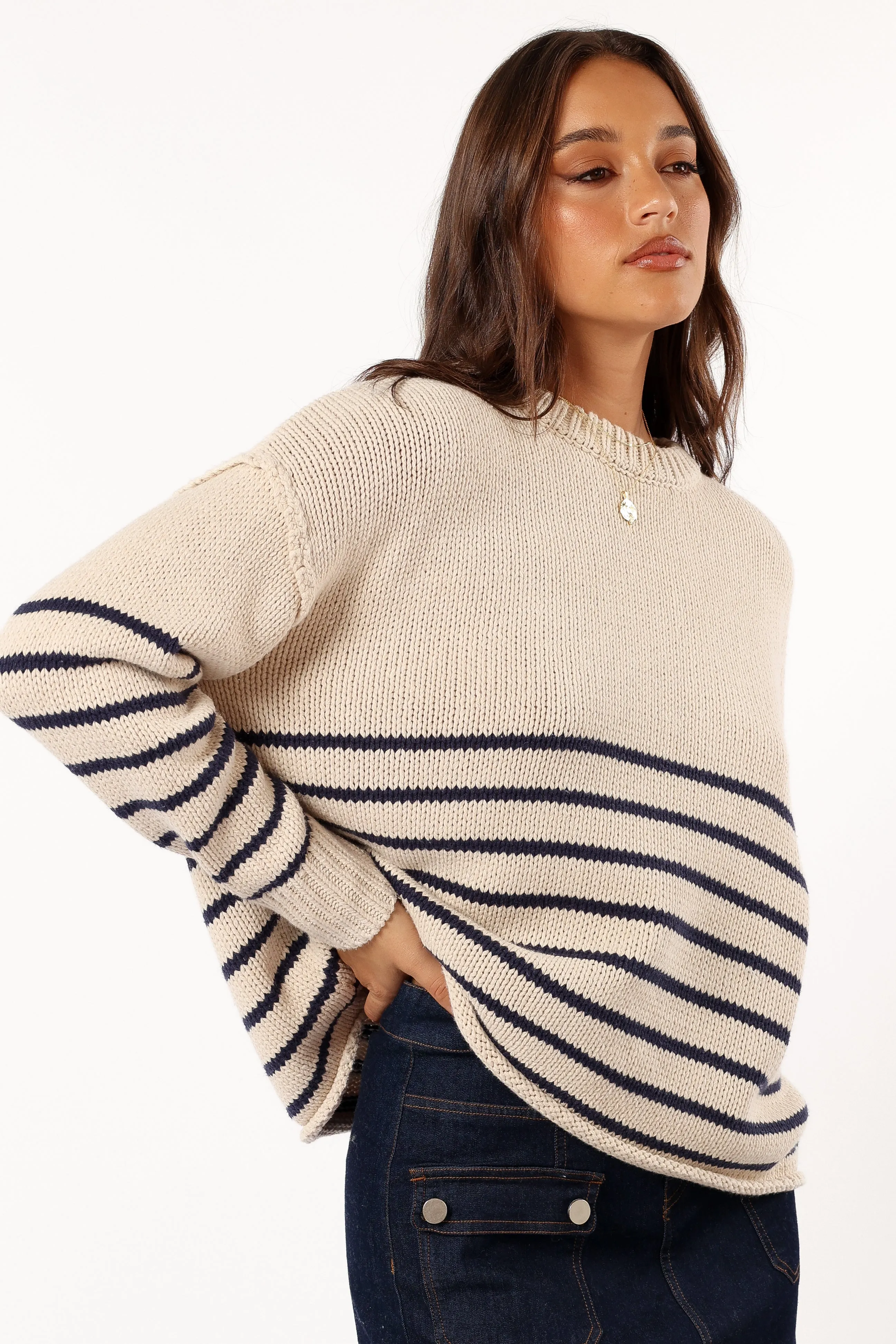 Ribbed Collar Design Tenzie Stripe Knit Sweater - Natural Navy
