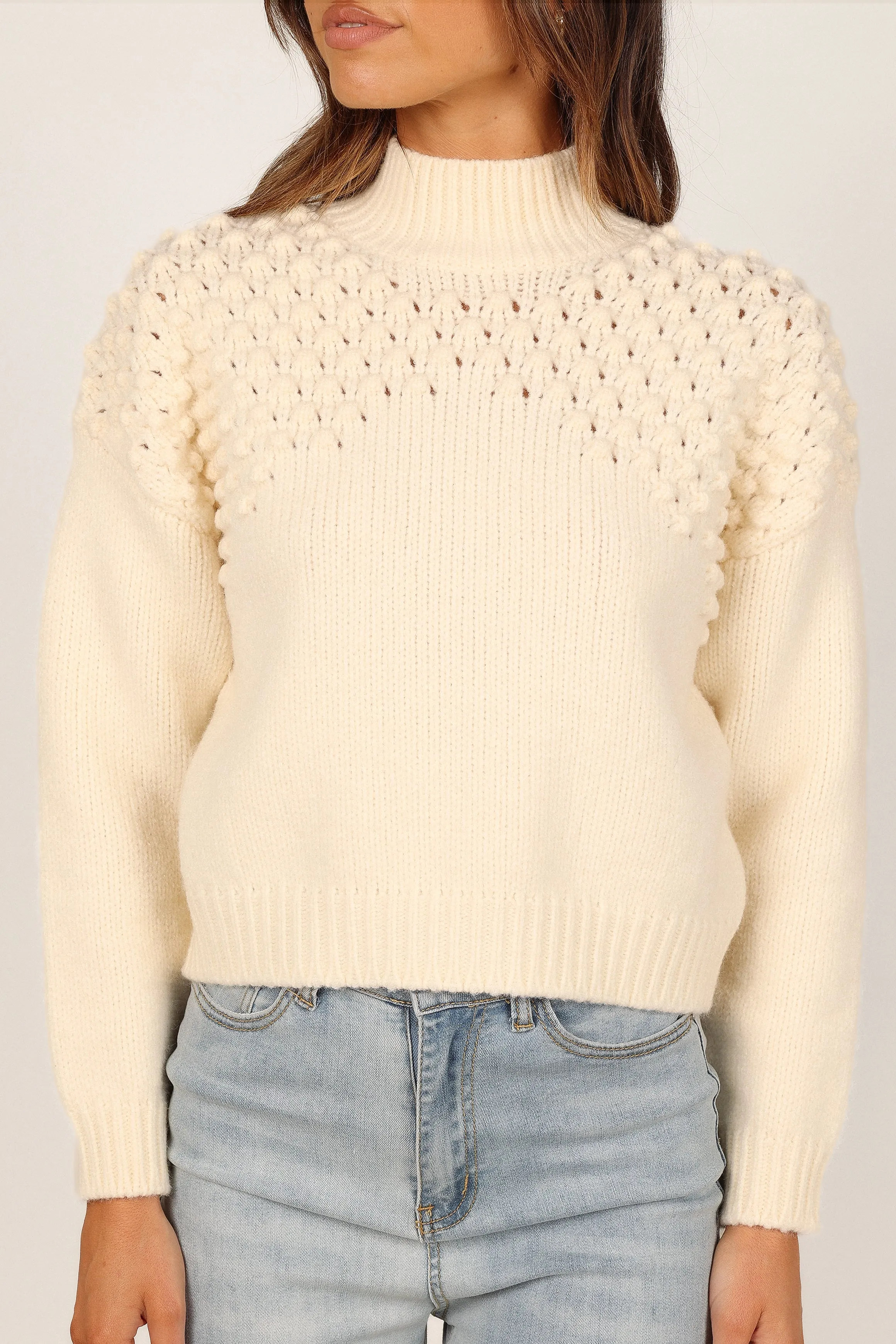 Mia Textured Shoulder Knit Sweater - Cream Sublimation Print Resistant