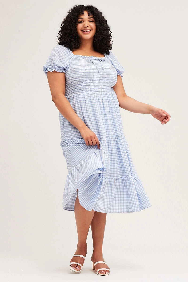 Lace Soft Church Proper Check Short Sleeve Tiered Midi Dress