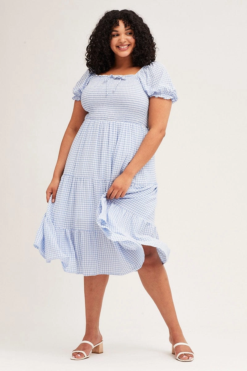 Check Short Sleeve Tiered Midi Dress Chilly Comfort