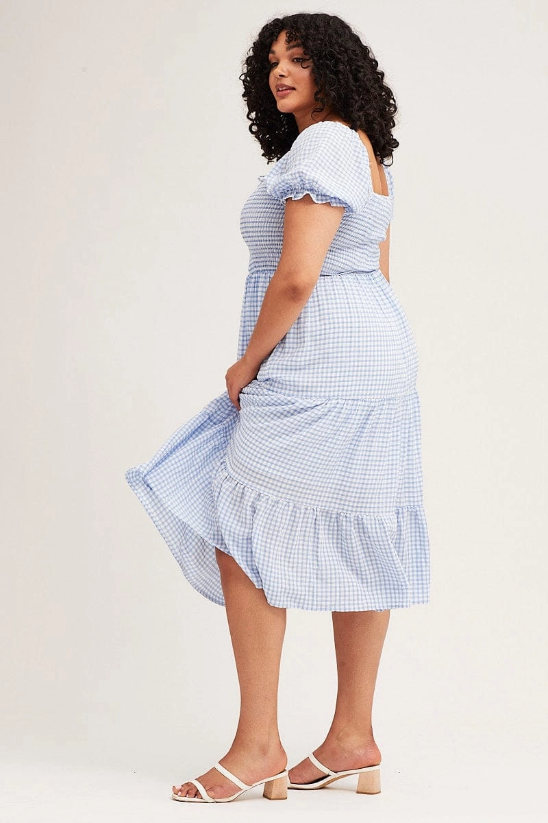 Versatile Layer Wear Flattering Lines Check Short Sleeve Tiered Midi Dress