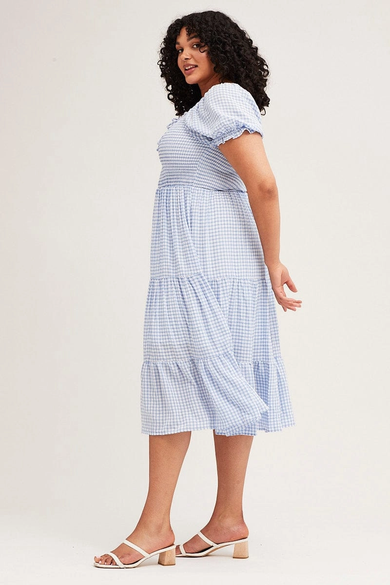Check Short Sleeve Tiered Midi Dress Refined Feel Quiet Glow